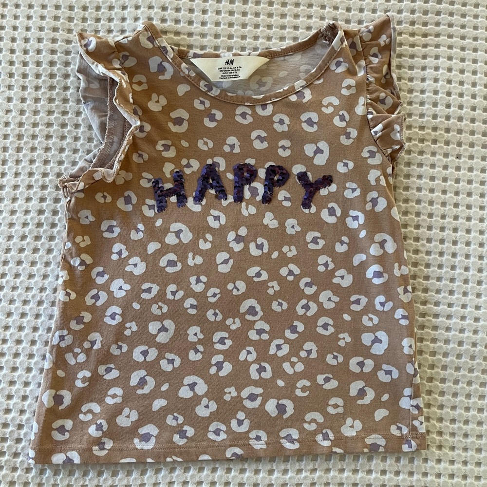 H&M || Leopard Print ‘Happy’ sequined Ruffle Sleeve Tank